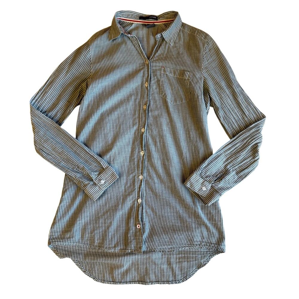 Sandra Railroad Striped Classic Cotton Light Blue Gray Button Up Women’s Top XS